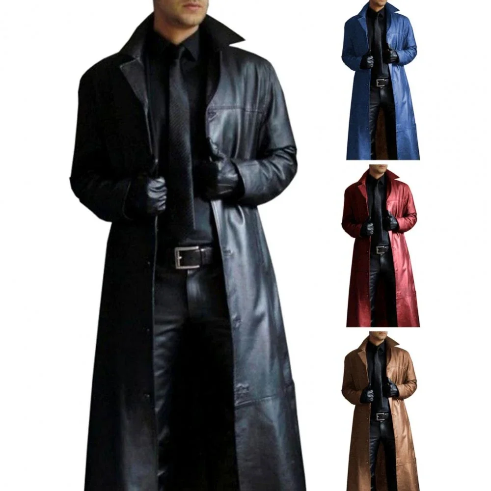 2026 New Men\'s Long Leather Jackets Goth Punk Button Trench Coat Solid Lapel Collar Long Pu Windbreaker Winter Leather Coats