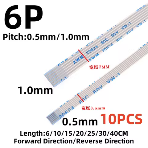 10PCS FPC FFC Ribbon Flexible Flat Cable 6 Pin Pitch 0.5MM 1.0MM AWM 20624 80C 60V Length 6/10/15/20/25/30/40 CM Forward Reverse