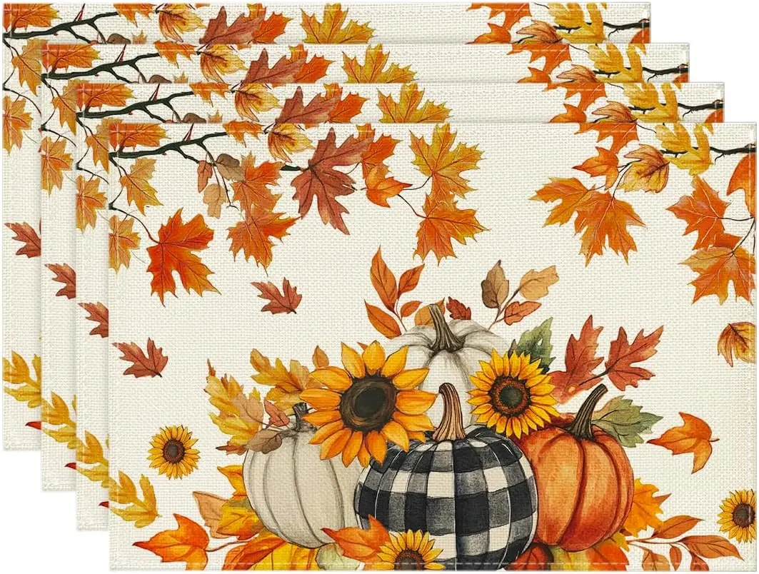 

Модные осенние тыквы, подсолнухи, листья, салфетки, набор из 4 шт., 12x18 дюймов, винтажные коврики на День Благодарения для украшения обеденной вечеринки