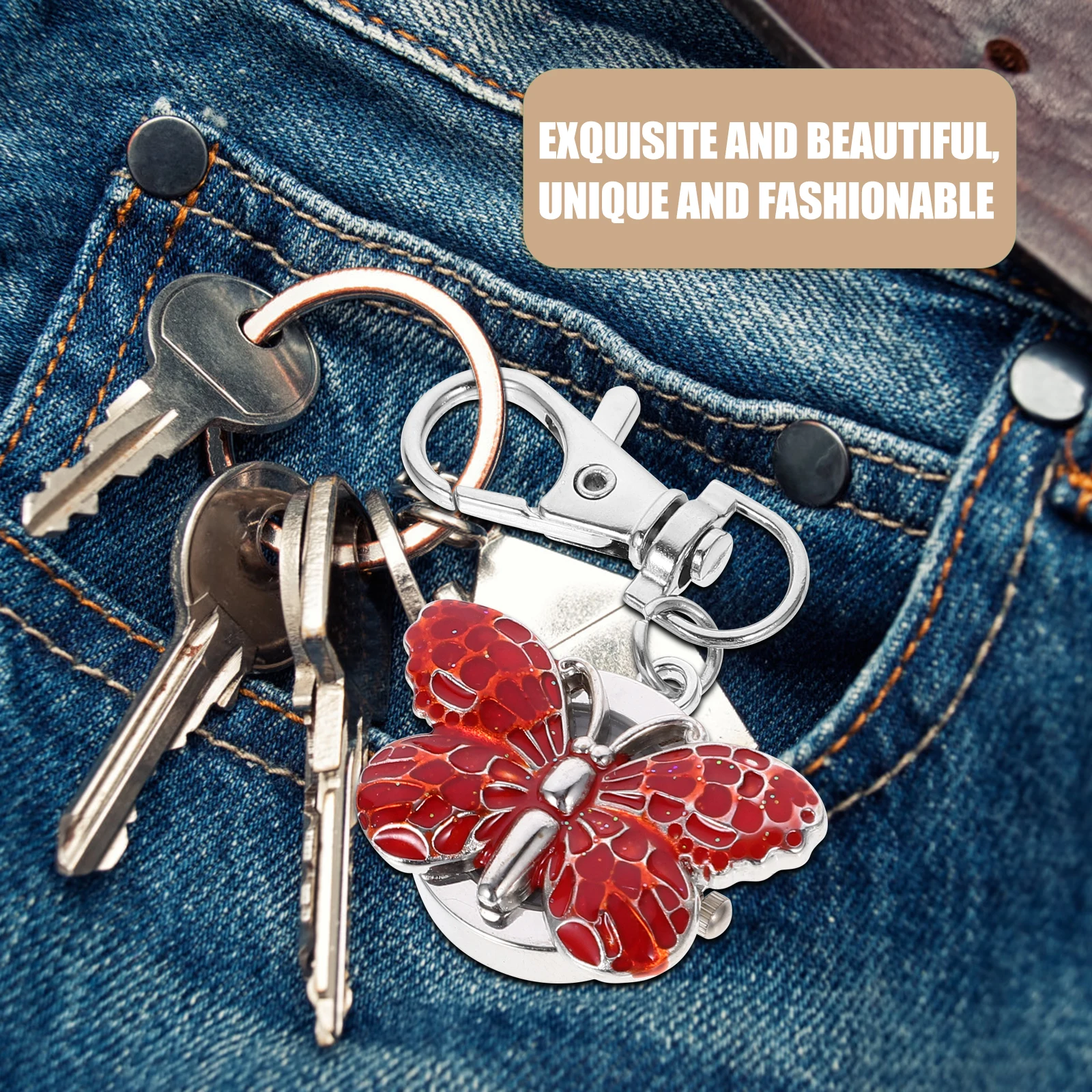 

Quartz Pocket Watch Keychain Durable Metal Creative Design Long Term Use Portable Small Butterfly Easy Time Reading Fashionable