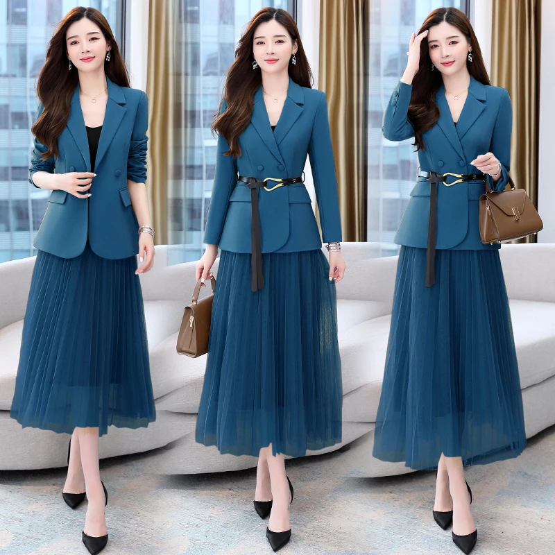 Fashion New Height Quality Korean Version Of All-Match Belt Blazer Jacket High Waist Pleated Skirt Suit Two Piece Set Female