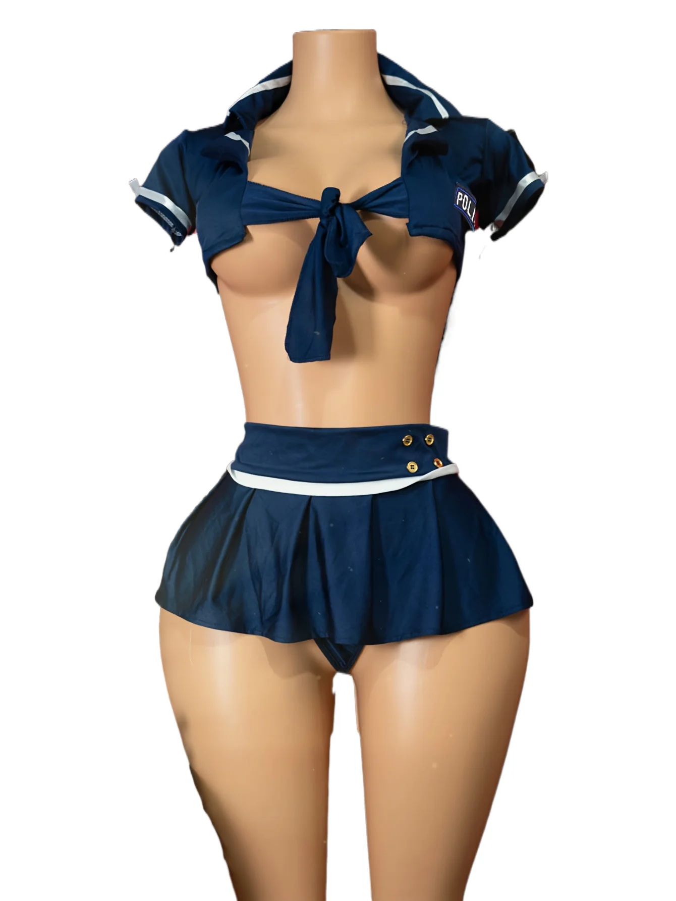 

Sexy Police Officer Cosplay Lingerie Set for Women - Blue Short Sleeve Crop Top with Tie Front, High Waist Pleated Mini Skirt wi