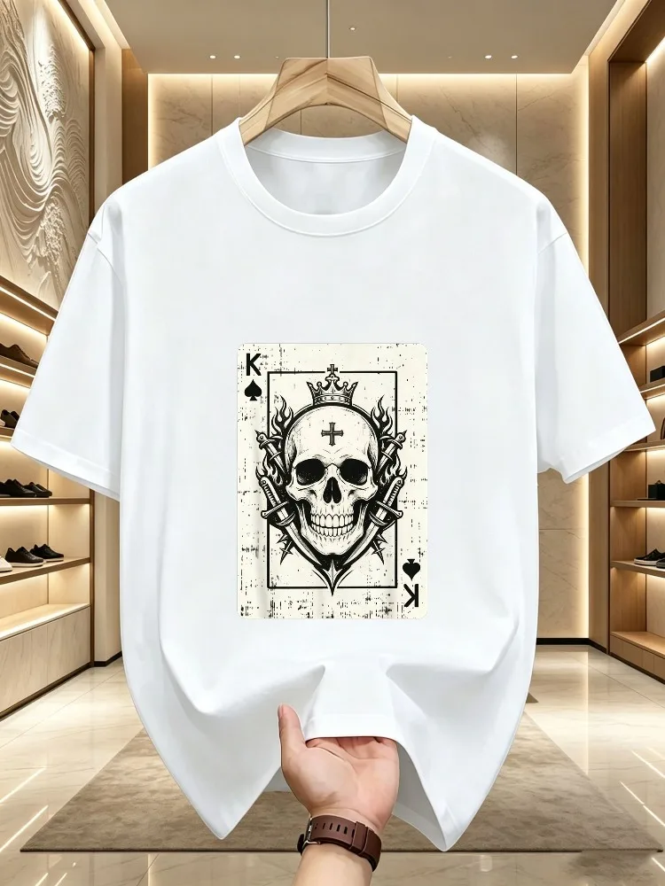 Mens Khaki Tee Retro Gothic Spade King Skull Sword Crown Card Graphic Crew Neck Short Sleeve Punk Loose Male Street Daily Top