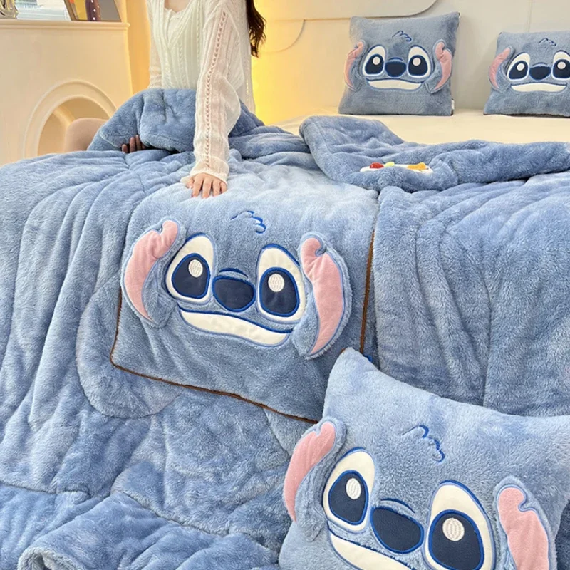 New Disney Stitch Arctic Fleece Blanket Pillow Soft Patch Cartoon Embroidery Plush Quilt Anime Kawaii Car Nap Warm Blankets Gift