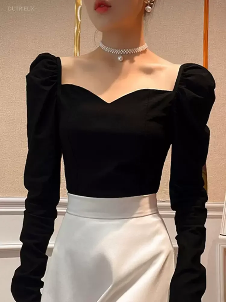 Autumn Winter Square Neck T Shirt For Women Solid Black Vintage Elegant Ropa De Mujer Korean Fashion Sweet Camisetas