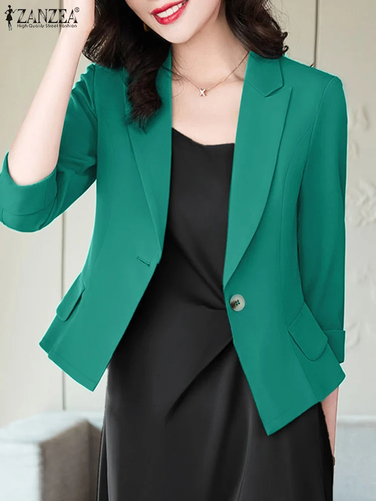 ZANZEA Office Lady Lapel Neck Blazer Trendy 2025 Spring Solid Color Women Casual Blazer Elegant 3/4 Sleeve Commute Suit Coats