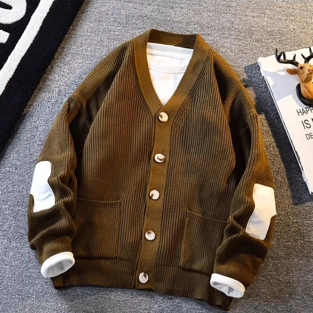 

Vintage Patchwork Knitted Cardigan For Men High Quality V-neck Sweater Tops Autumn Winter Fashion Brand Slim Fit Knitwear Coat