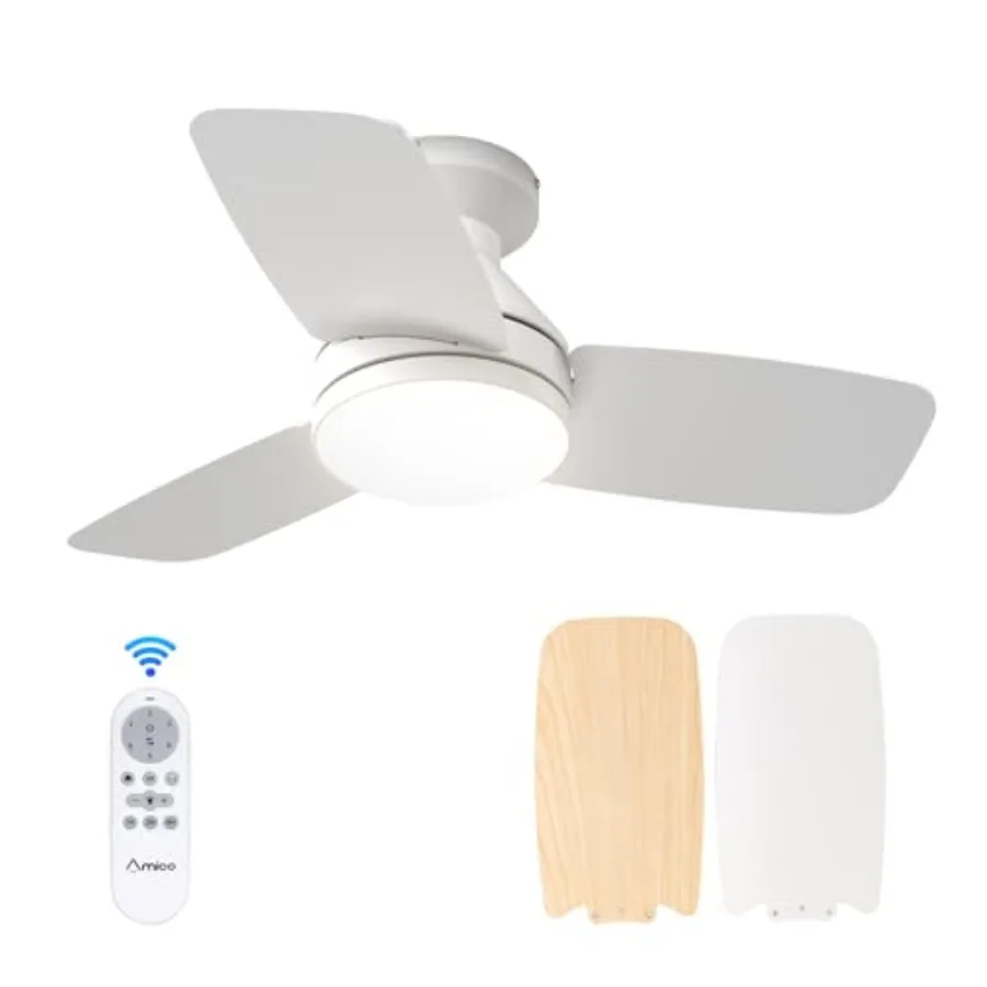 

Bedroom ceiling fan with light, white ABS plastic, 30-inch low-profile flush mount for indoor/outdoor use, reversible, 3CCT dim