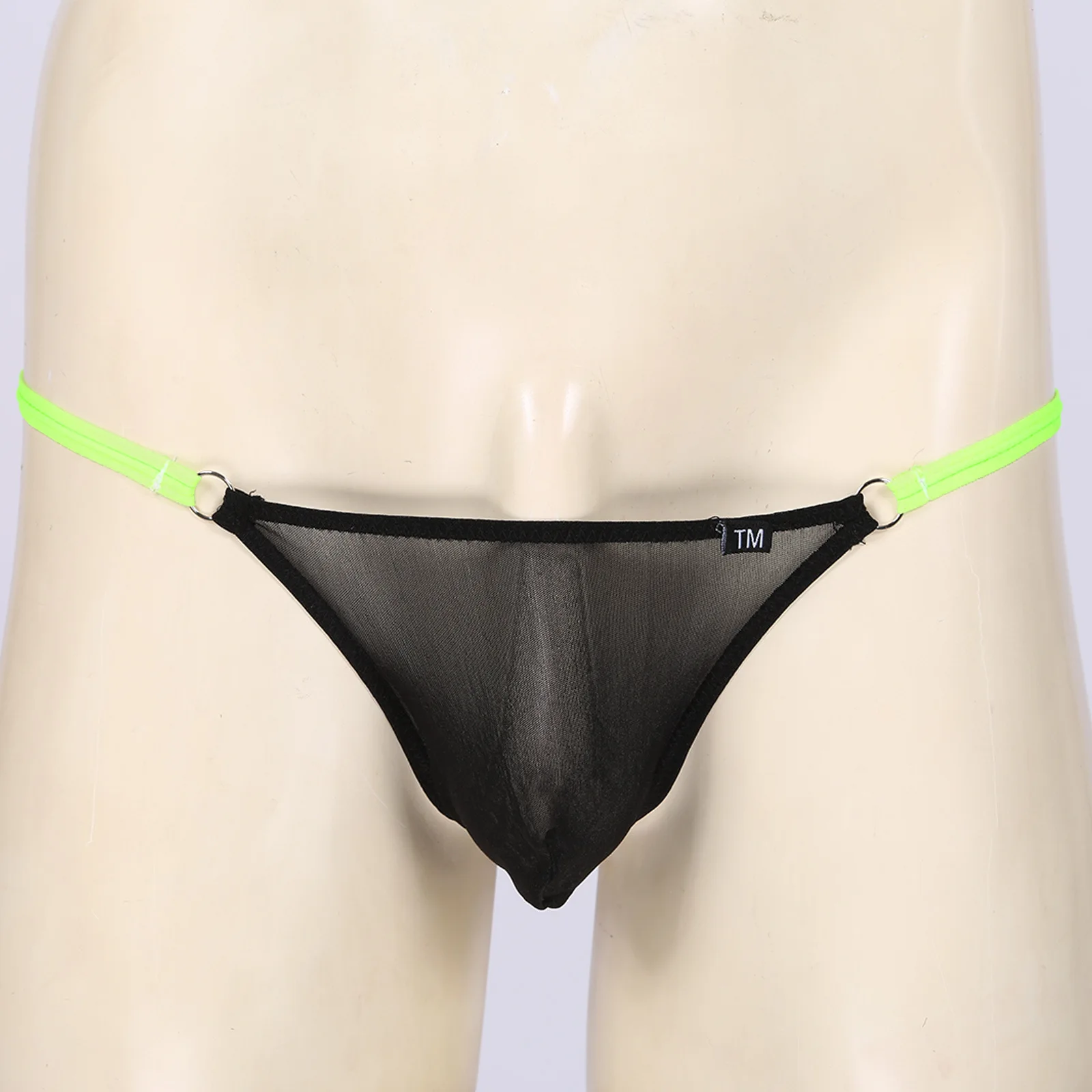 Men Sheer Mesh T-back Thong Contrast Red Strap Metal O Rings Low Rise Shiny Elastic  See Through Erotic Sexy G-string Underwear