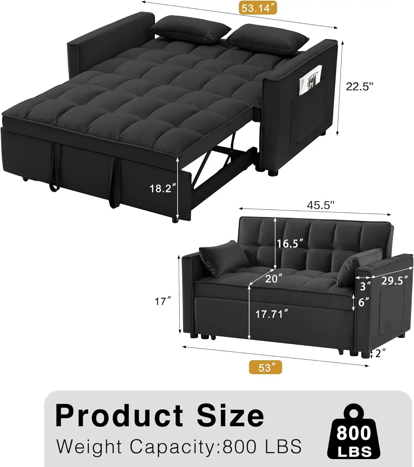 3 in 1 Sleeper Sofa Bed, Futon Couches for Living Room with Side Pocket | Adjustable Backrest| Velvet Fabric | Pull Out Couch |