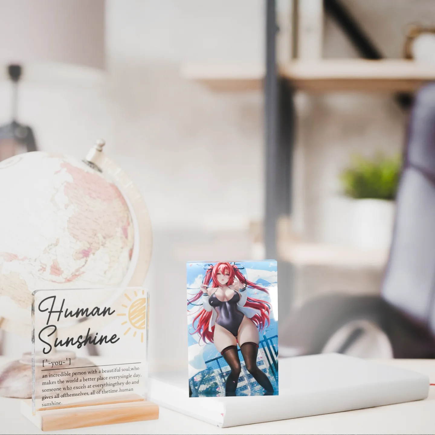 Anime Girl Art Acrylic Block Paperweight Waifu Merch for Gaming Room Decor,PC Gamer Setup | Otaku Shelf & Office Desk Accessory