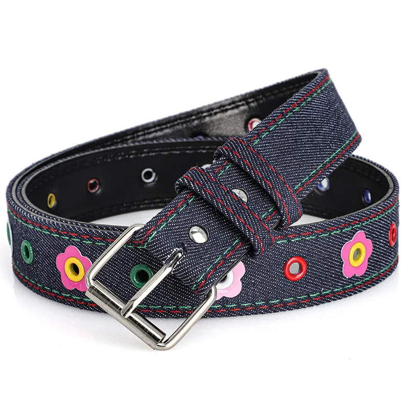 New European and American punk casual women's belt, fashionable flower decoration, cloth pattern belt, women's jeans belt