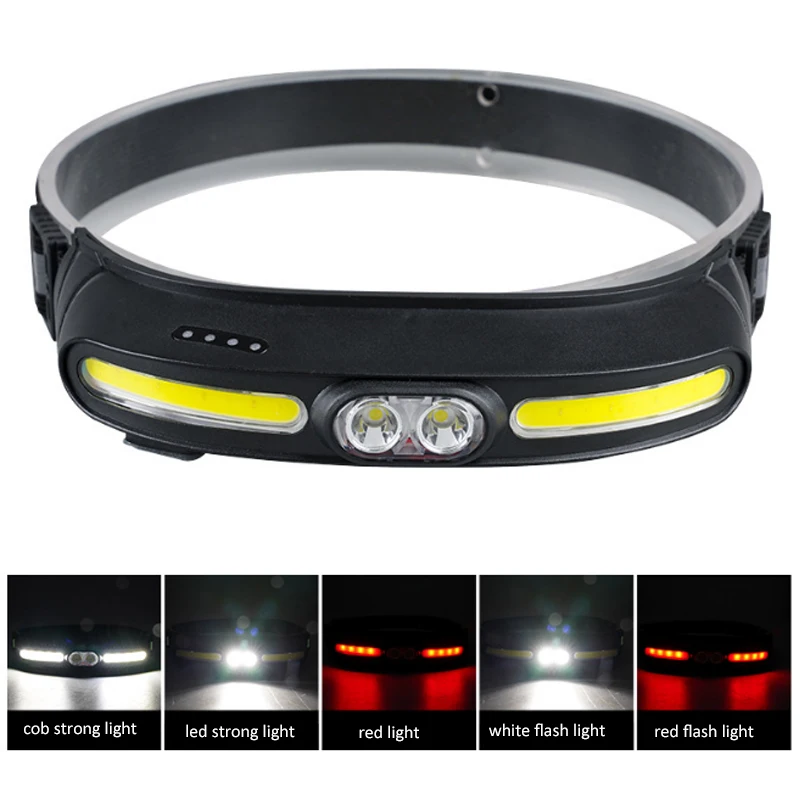 COB Headlamp Fishing Headlight 5 Lighting Modes Flashlight USB Rechargeable Head Light Outdoor Camping Portable Working Light