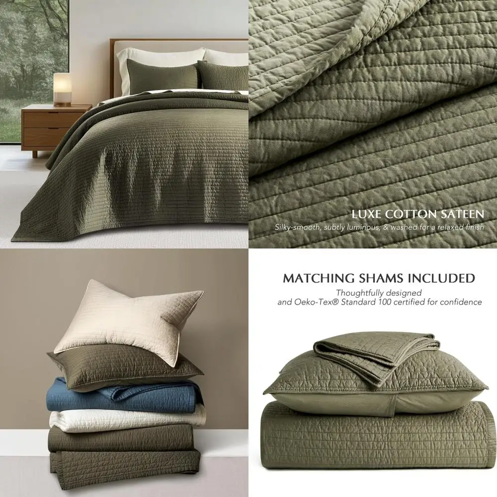 

Cotton Sateen Quilt Set for King Beds, Pre-Washed, Lightweight, 3-Piece Coverlet with Channel Stitching