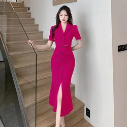 Business Ladie Office Summer 2 Piece Set Women Notched Rose Red Short Blazer Coat + Bodycon Button Split Mermaid Long Skirt Suit