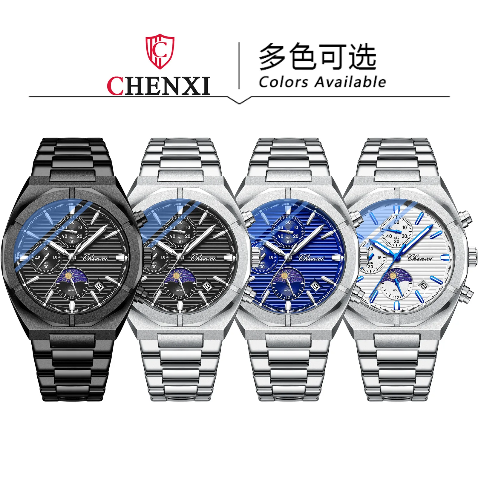 Chenxi 962 esporte homem relógio de pulso à prova dwaterproof água multi função fase da lua cronógrafo quartzo relógios masculinos reloj