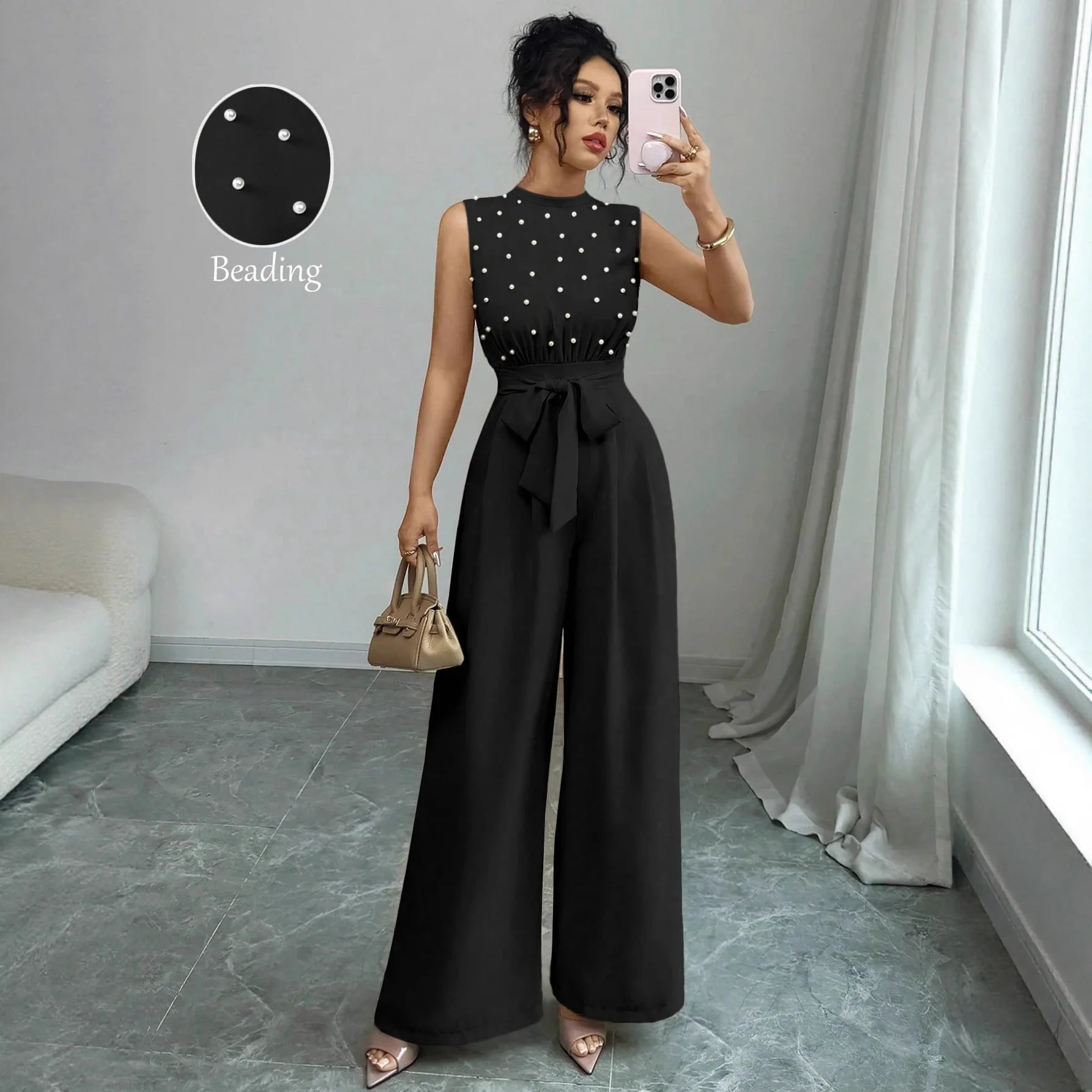 Elegant Black Polka Dot round Neck Sleeveless Wide Leg One Piece Pants for Women Spring Summer Fashion Commute Style Polyester