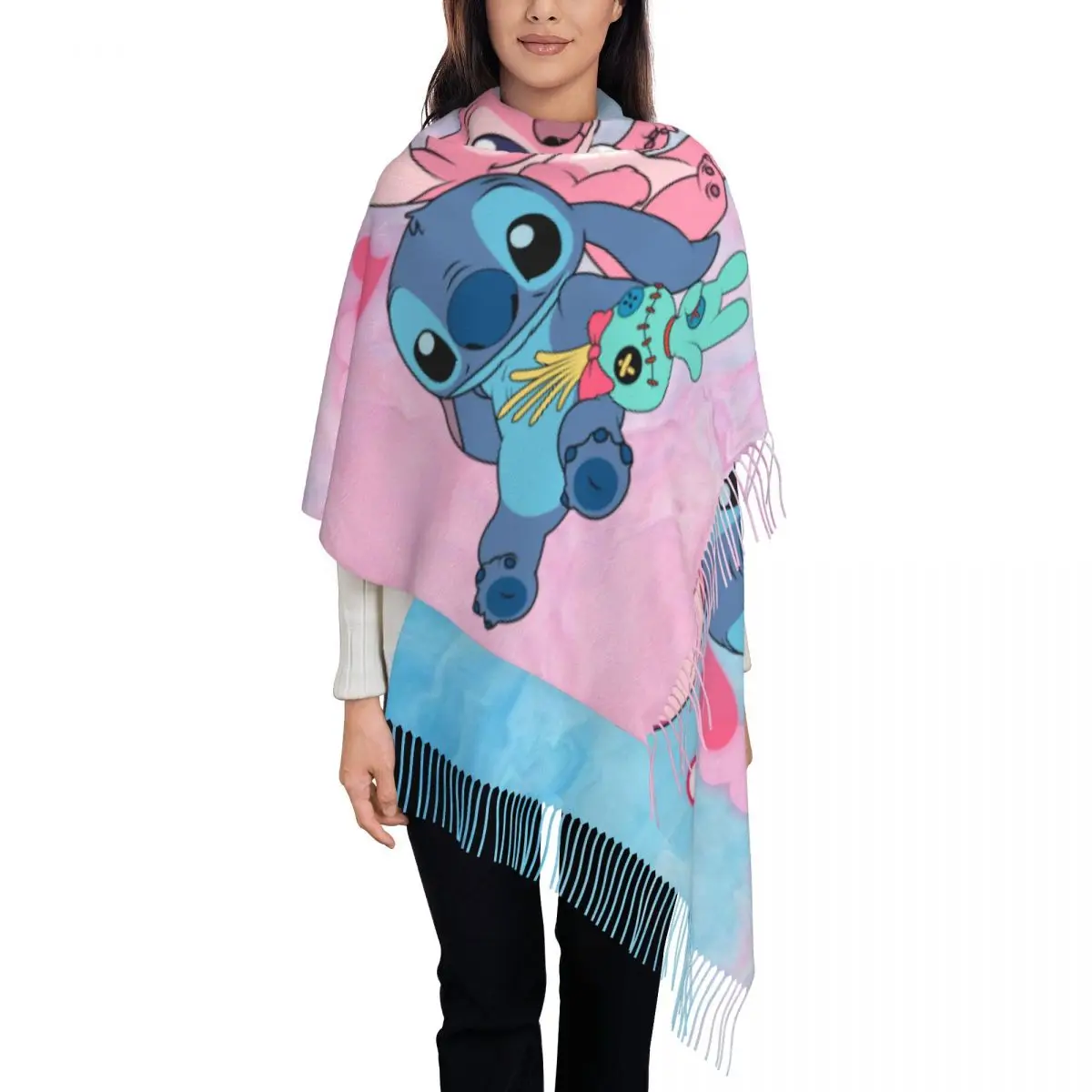 Personalized Printed Stitch Angel Scarf Women Men Winter Fall Warm Scarves Disney Anime Shawl Wrap