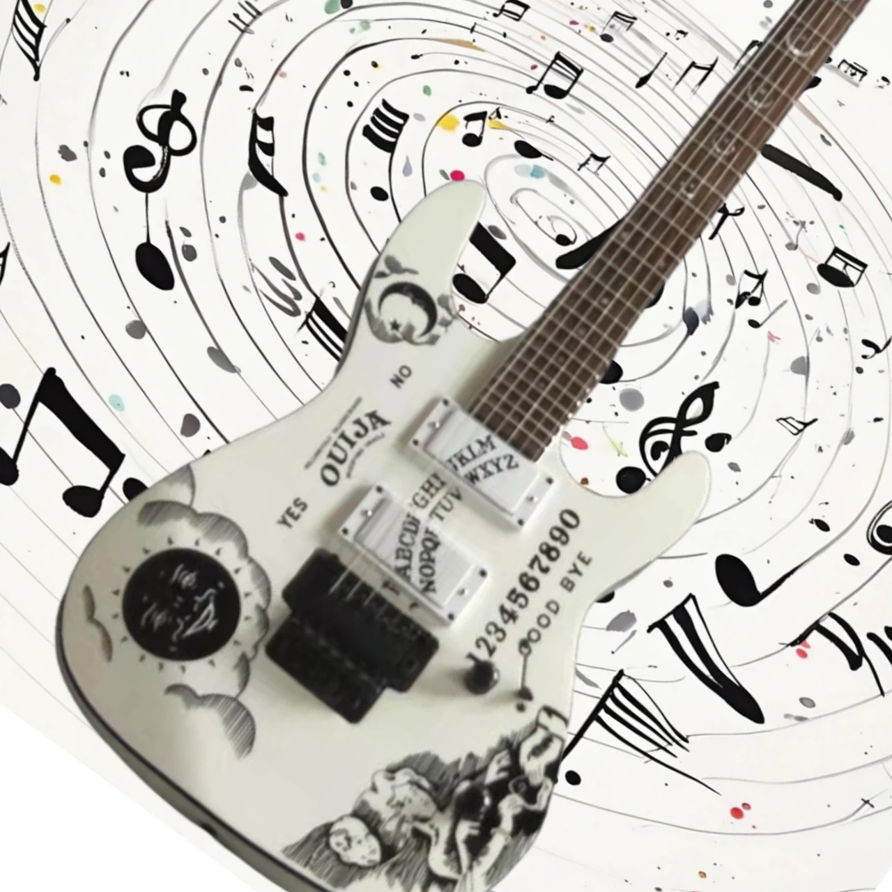 Free Shipping ST Electric Guitar White Ouija Graphic 6 String HH Pickups Double Tremolo Metal Rock Stage Performance Gift