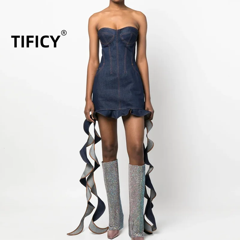 

TIFICY Sexy Ruffle Dresses Women's Autumn New Slim Fit Wrapped Hip Strap Denim Design Feel Wrapped Chest Dress