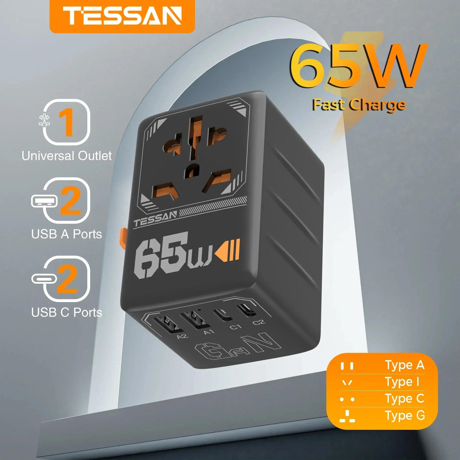 Adattatore da viaggio universale TESSAN GaN da 100 W con USB tipo C 65 W Adattatore per spina internazionale a ricarica rapida Spina UE/Regno Unito/USA/AUS/KR