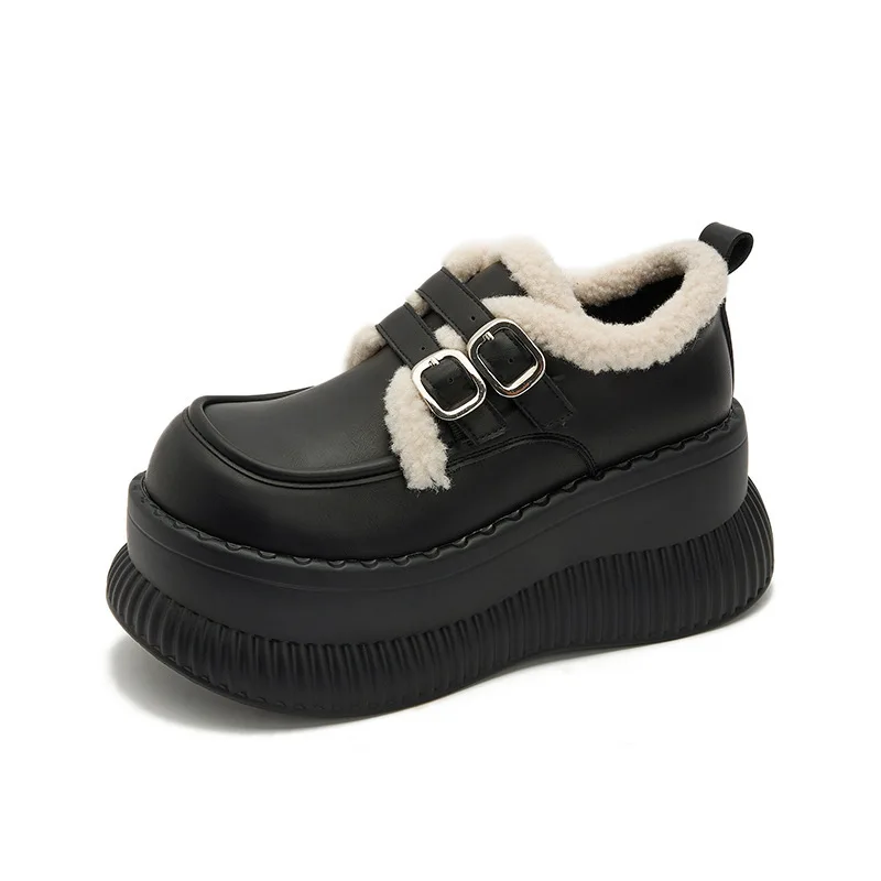 NEW Winter Women Platform Cotton Shoes Female Warm Plush Loafers Thick Bottom Casual Short Boots Ladies Microfiber Leather Shoes