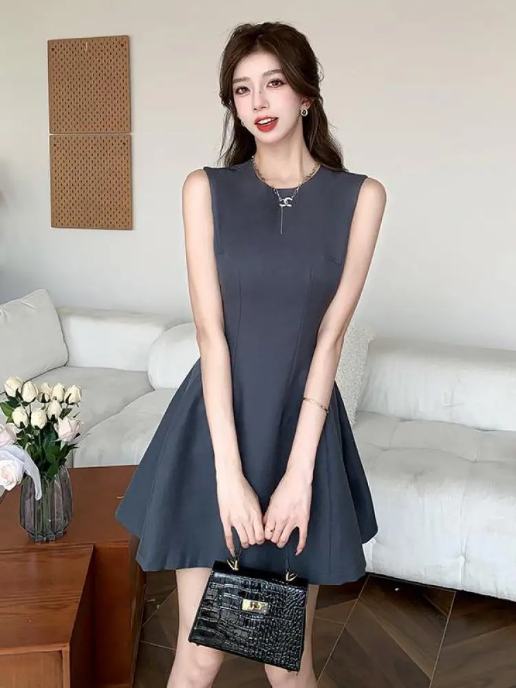 Verano negro cuello redondo ajustado sin mangas temperamento corto chaleco vestido mujeres gris elegante Sexy Oficina cremallera Mini vestido simplicidad