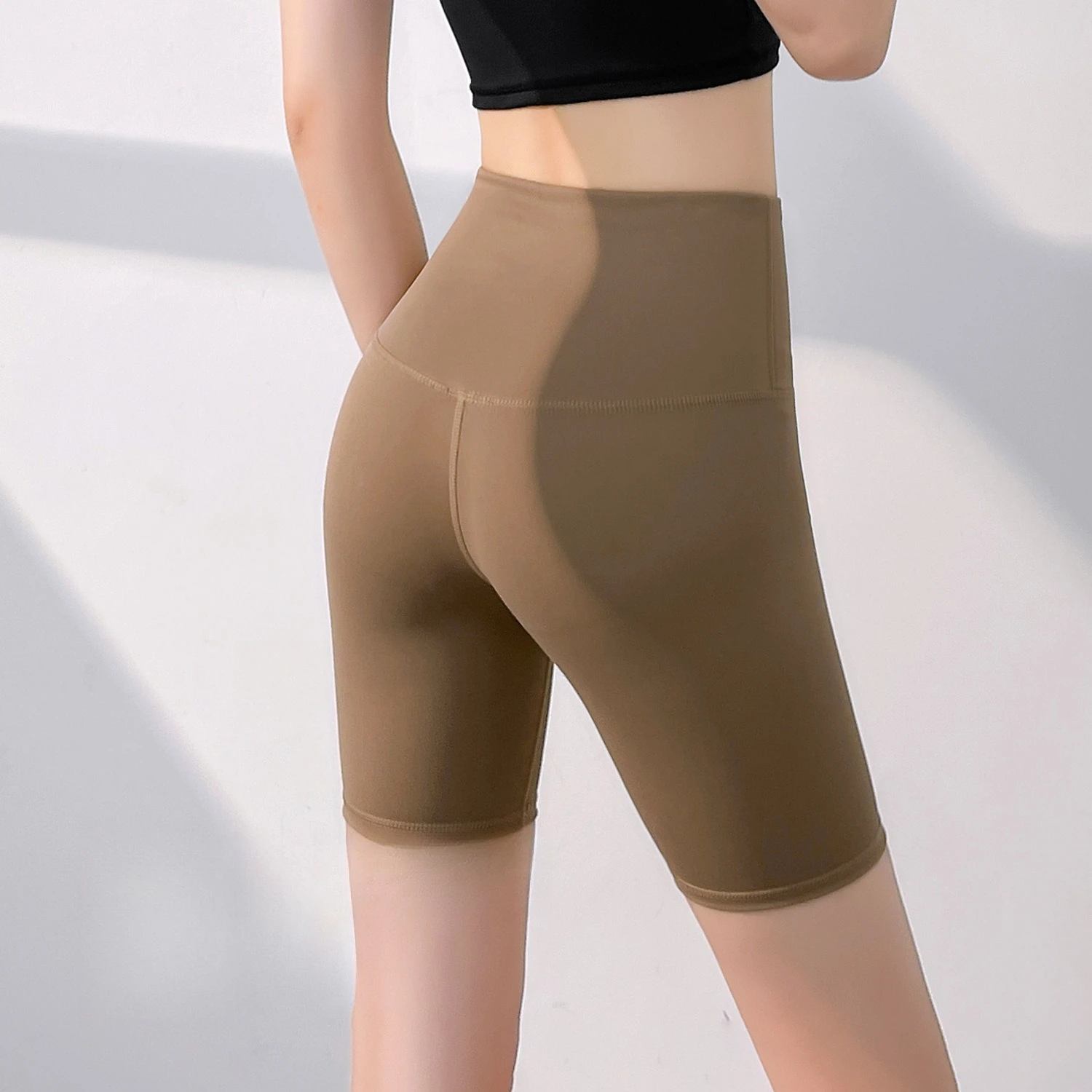 Women No Camel Toe Yoga Shorts Naked Feeling High Waist Butt Lifting Knee Length Workout Sports Shorts