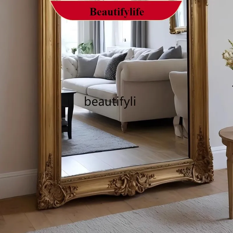 

F66 Full-length mirror luxury living room decoration European retro carved floor mirror handmade wooden frame dressing mirror