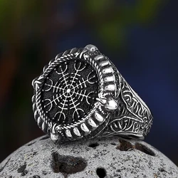 Dropshipping Stainless Steel Viking Compass Runic Statement Rings With Skull Punk Men Vintage Viking Men Rings Jewelry