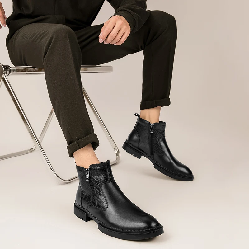 

High-quality Cowhide Men's Business Shoes, Winter Wool Warm Snow Boots, Outdoor Anti-slip and Waterproof Crocodile Print Boots
