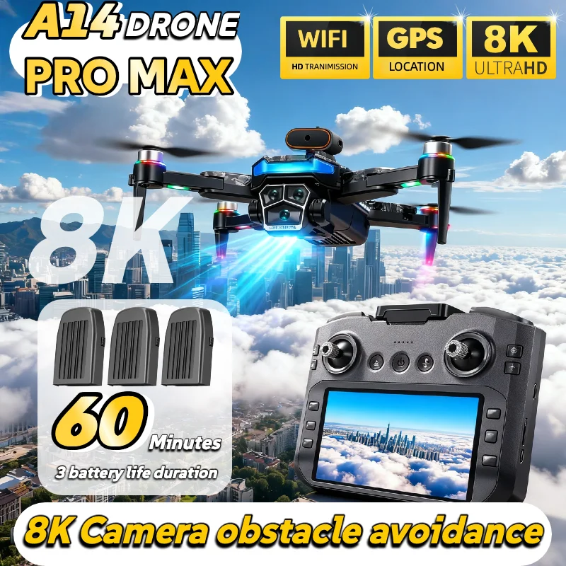 A14 Pro Max GPS Brushless Drone 4K UHD Triple Camera Optical Flow Obstacle Avoidance Foldable Professional Aerial Photography