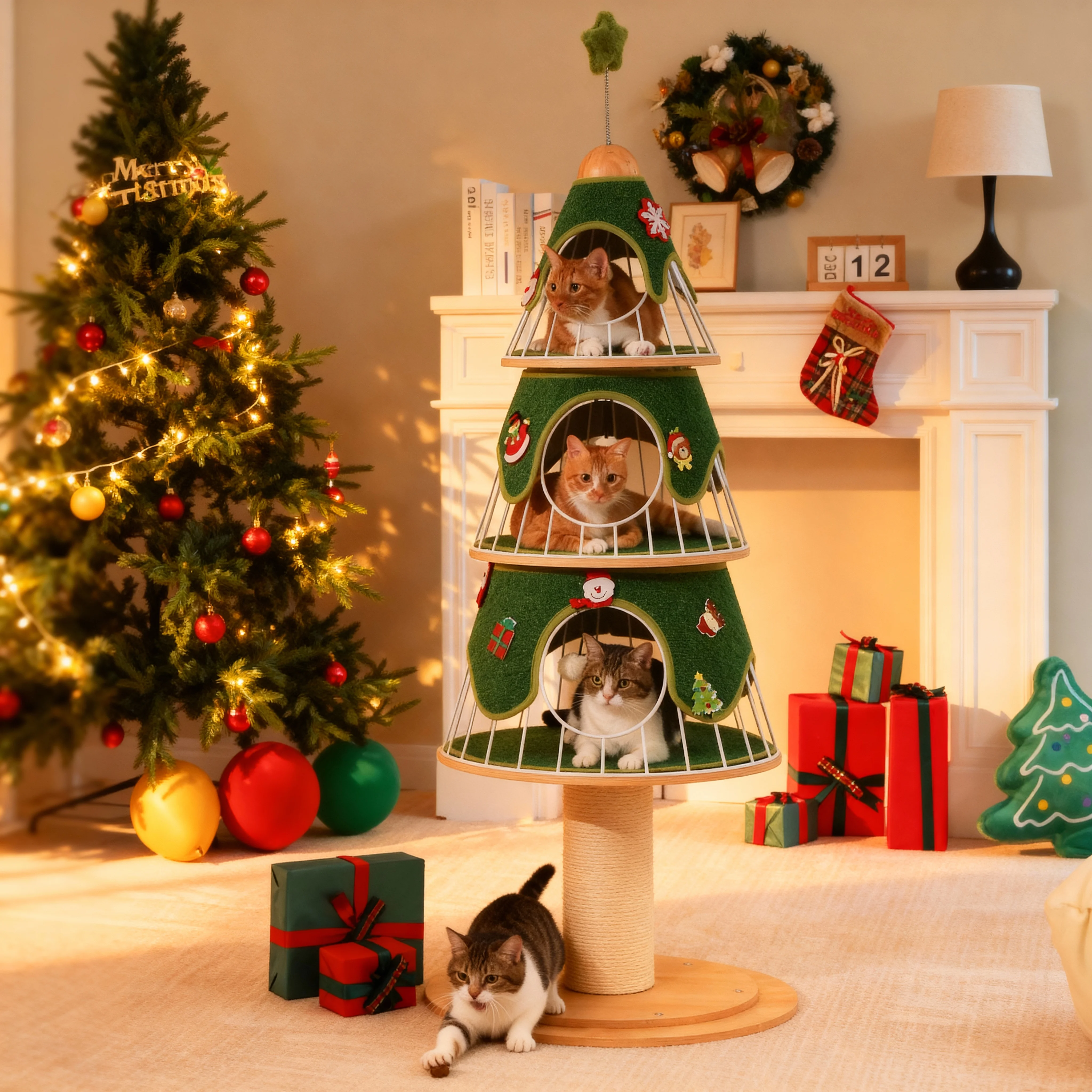 Torre per albero per gatti del festival di Natale con 3 condotti accoglienti, tiragraffi per sale, letto per gatti, mobili per gatti, accessori per gatti per gatti