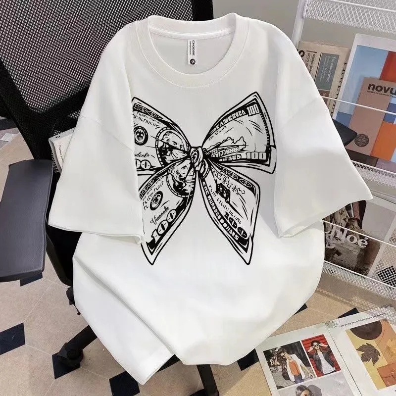 

Summer Fashion Trendy Bow Printing Round Neck T-shirt Short Sleeve Large Size Universal Top for Men and Women