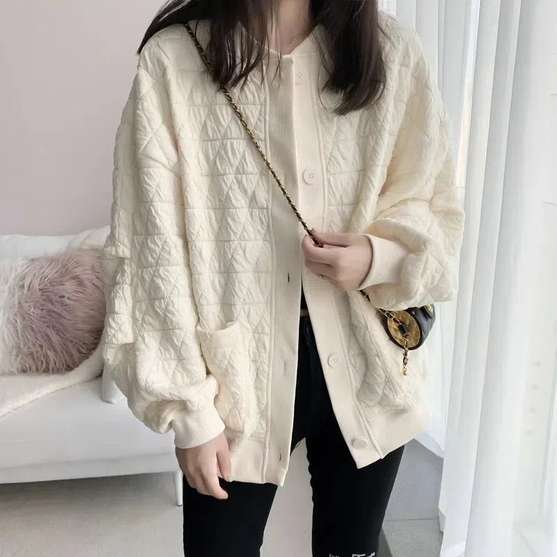 Lattice Women's Sweatershirt Cardigan Coat Spring New Korean Loose Skinny Oversize Versatile Baseball Jacket Top B333