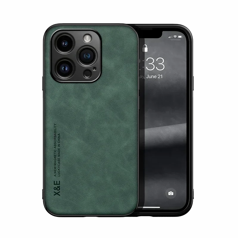 Luxus-Ledertasche für iPhone 17 16 16e 15 14 13 12 11 Pro Max Plus 12 13 Mini SE 8 7 Abdeckung mit Metallplatte Unterstützung Auto halten