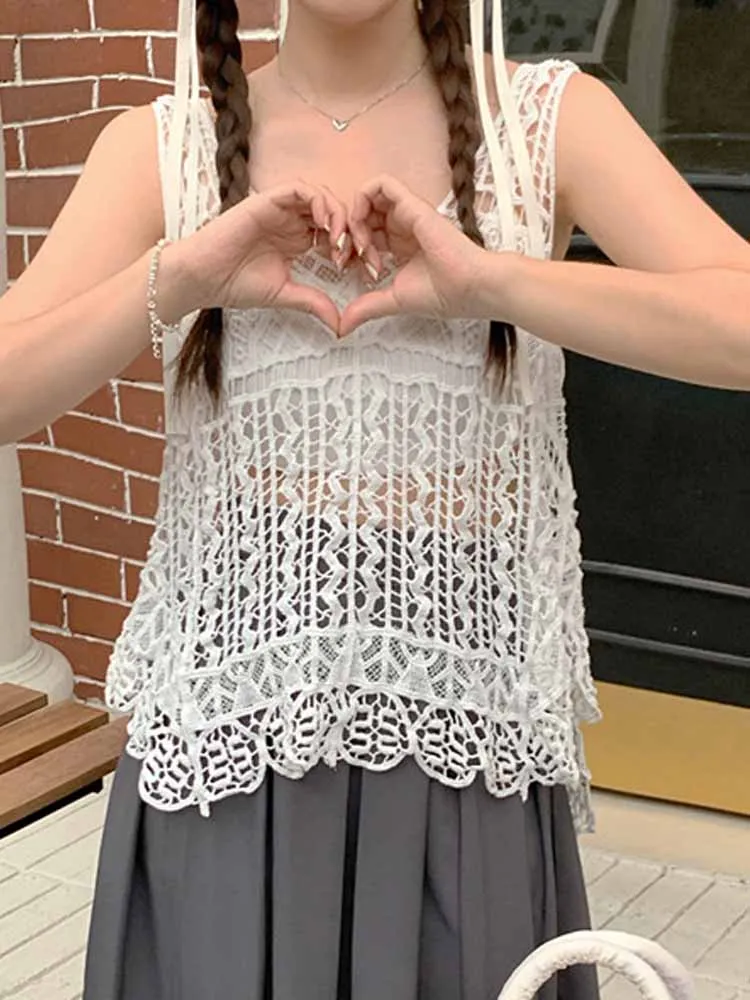 N Sle Band Vest 2024 Nieuwe Dames Bovenkleding Gebreide Zomer Hollow Out Top Svel V-Ne Regular Fit Kleur