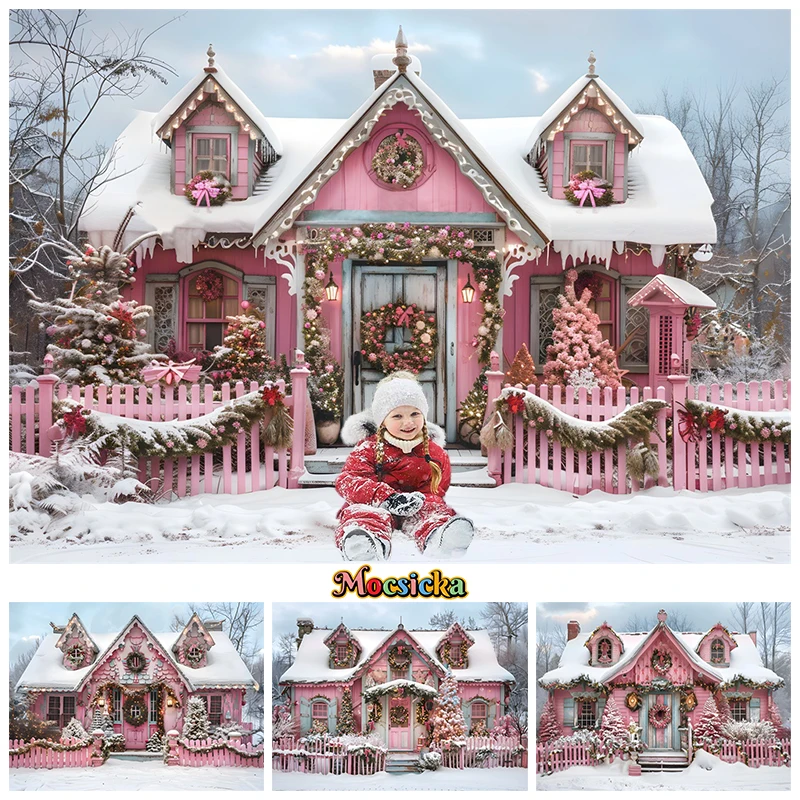 

Mocsicka Pink House Christmas Backgrounds For Photographs Snow Lollipop Gift Christmas Tree Backdrops Home Decorations Photozone