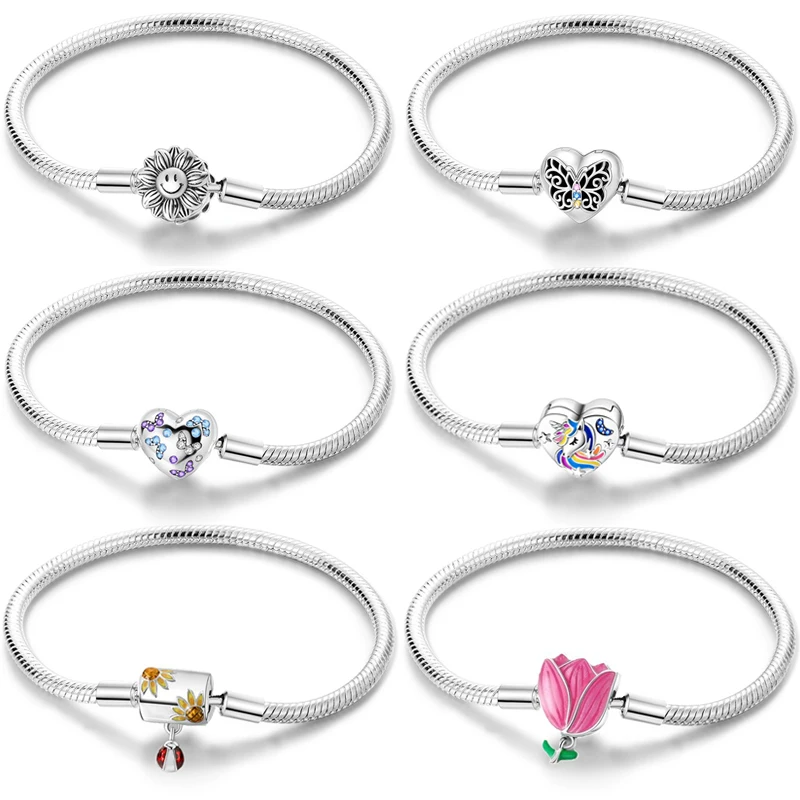 New 925 Silver Creative Exquisite Unicorn Women's Festival Gift Love Heart Butterfly Bracelet Fashion Lover DIY Charm Jewelry