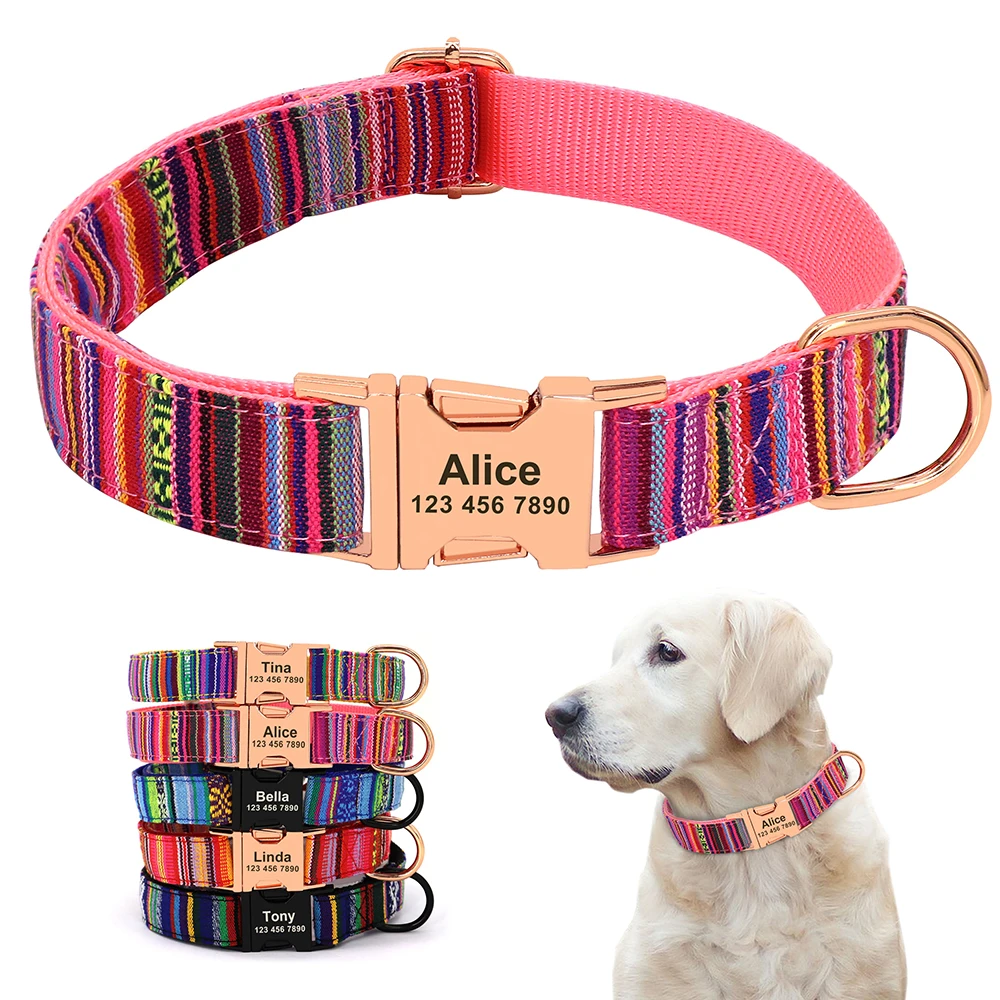 

Personalized Dog ID Collar Nylon Customized Dogs Nameplate Necklace Free Engraving Print Collars Adjustable For Small Large Dogs