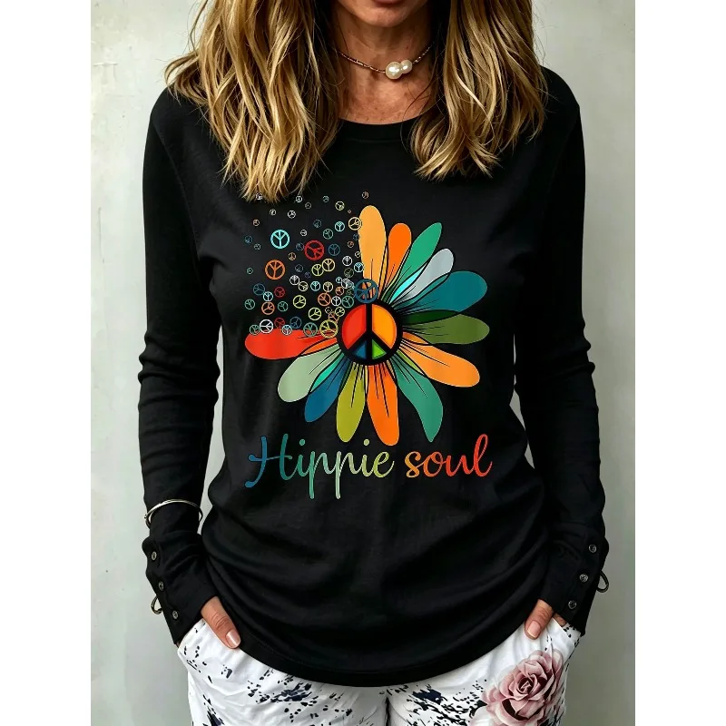 ilstile Women's Hippie Soul Print T-Shirts Autumn Long Sleeve Casual Slim Fit Round Neck Tops Tees Black New Arrival
