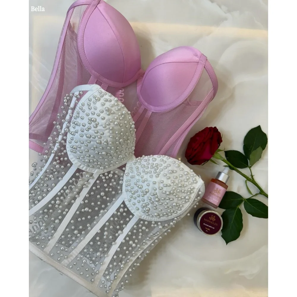

Bella Customized Pearls Strapless Fishbone robes de soirée Satin Mesh Fabric Party Dresses Bolero Sleeveless Prom Dress 2025