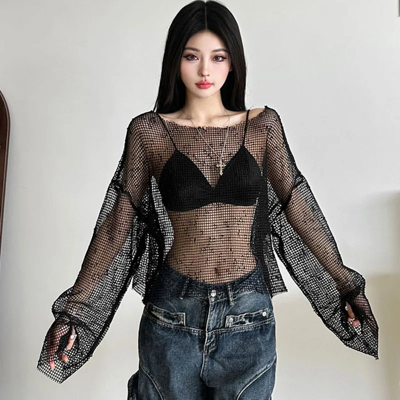 Sexy Club Mesh See Through T Shirt Women Black Hollow Out Long Sleeve Tees Female Summer Fashion Streetwear Basic Y2K Tops Lady