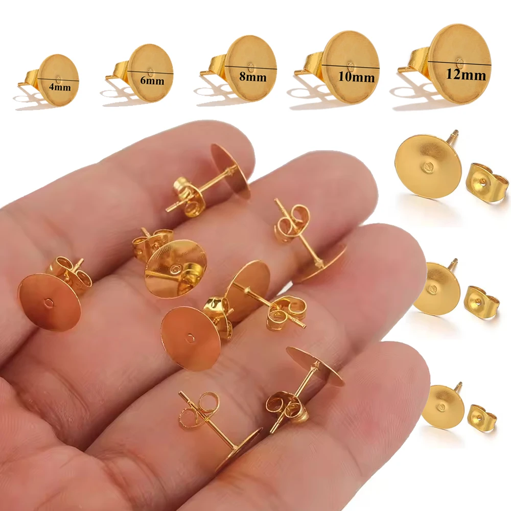 

50pcs Stainless Steel Gold Earrings Studs Base Blank Post Pins Earring Plug Ear Back Findings for DIY Jewelry Making Wholesale
