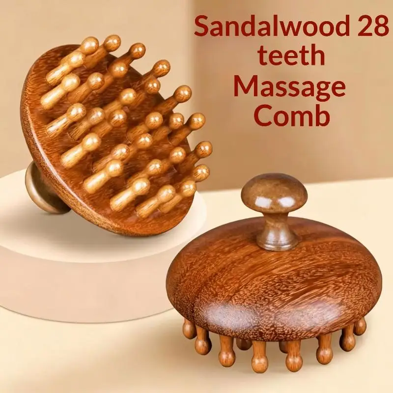 1 Stück Natürlicher Sandelholz-Kopfhautmassagestab, Holztherapie-Massagekamm, Körper-Guasha-Werkzeug, Rundzahn-Entspannungsmassage – Detail 1