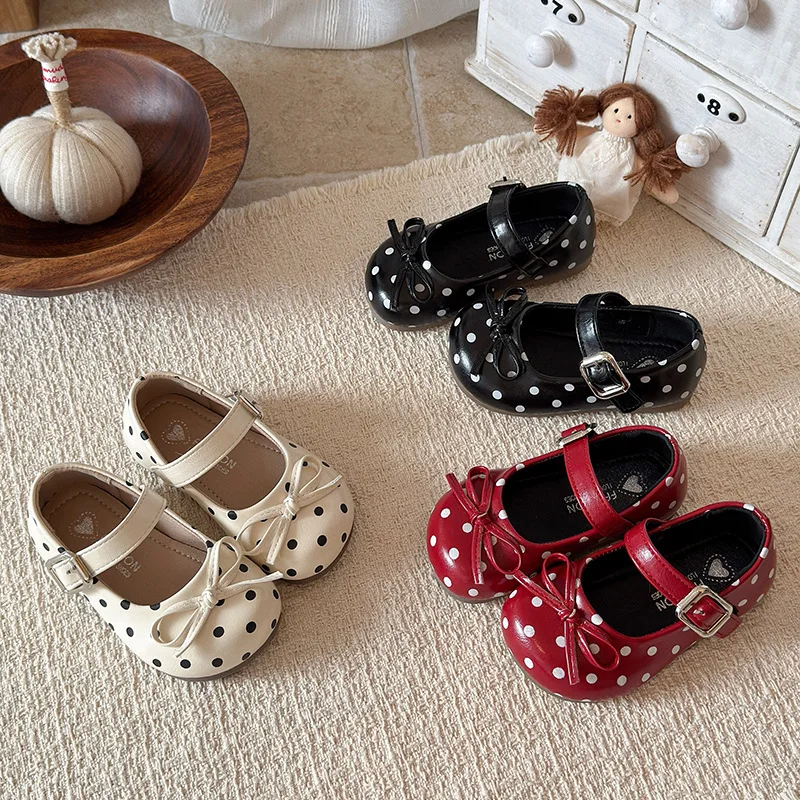 2026 New Spring Autumn Kids Toddler Girls Retro Polka Dot Mary Jane Shoes Bow Non-Slip Sole for Daily Walking Outdoor Wear