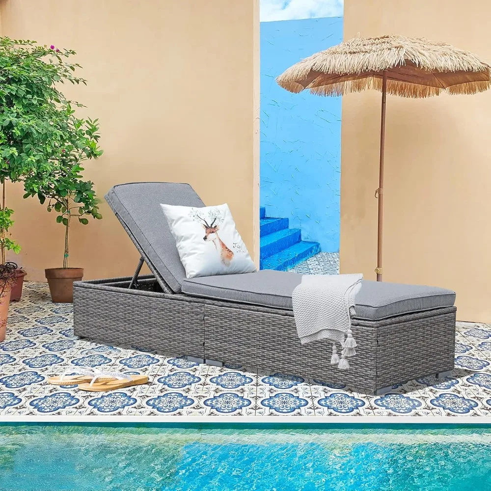 Outdoor Patio Chaise Lounge Chair, Elegant Reclining Adjustable Pool Rattan |Chaise Lounge Chair with Cushion, Grey PE