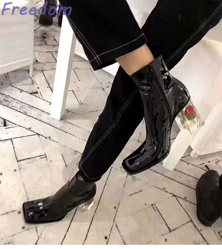 Patent Leather Square Head Women's Fall and Winter Padded French Crystal Thick Heel Side Zipper Black High Heel Short Boots