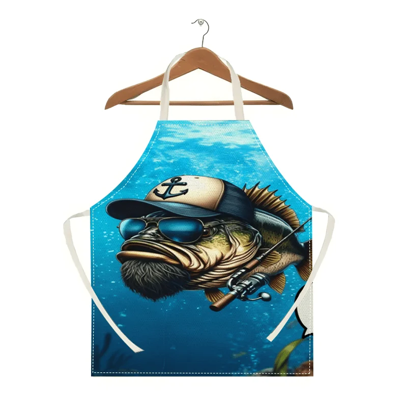 1pc Linen Apron Funny Fisherman Fish with Sunglasses Fishing Lover Gift Outdoor BBQ Kitchen Chef Accessory