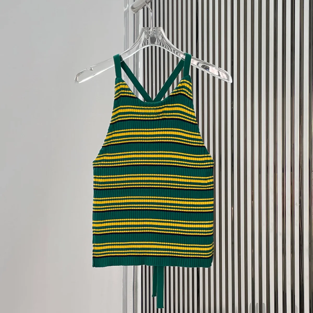 High Quality Women Striped Knit Cami Top Cross Back Tie Back Slim Cropped Sleeveless Tank Casual Daily Outfit lyt127324